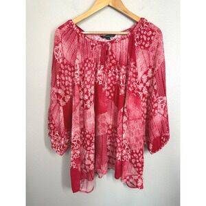 Zac & Rachel Woman Size 2X Red Paisley Patchwork 3/4 Sleeve Peasant‎ Blouse Boho